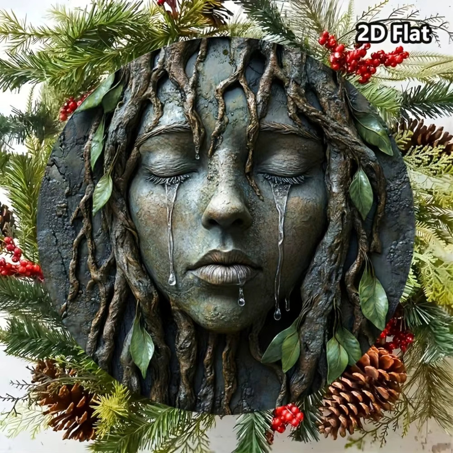 HELLOYOUNG Vintage Wandkunst aus Metall mit Baum und Frauengesicht, rundes Metallschild im Retro-Design mit tropfendem Wassereffekt, Durchmesser: 20,3 cm, Mehrfarbig - Bild 4