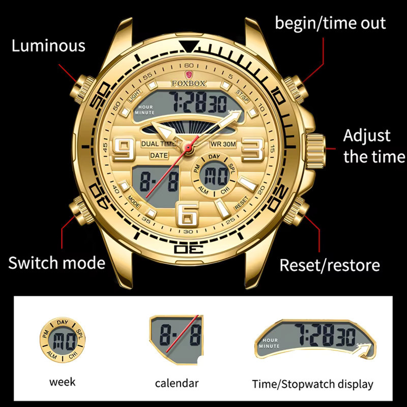 FOXBOX Digitaluhr, Chronograph, Edelstahl, Gold, Quarz, Herren - Bild 3