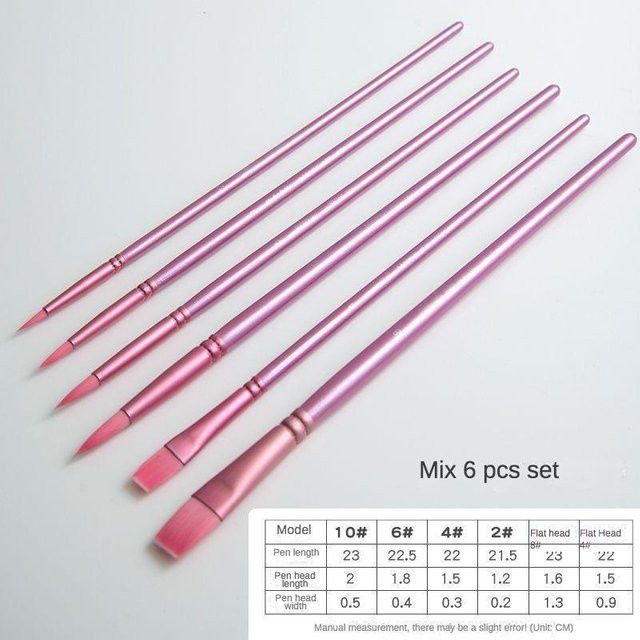 Happypilot 6-teiliges Aquarellpinsel-Set aus Nylon in Rosa mit runden und flachen Köpfen für Anfänger und Studenten - Bild 1