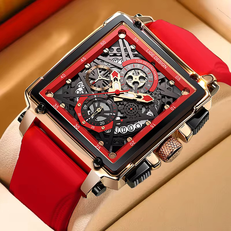 LIGE Chronograph, eckig, Quarz, Silikon, Schwarz, Herren - Bild 5
