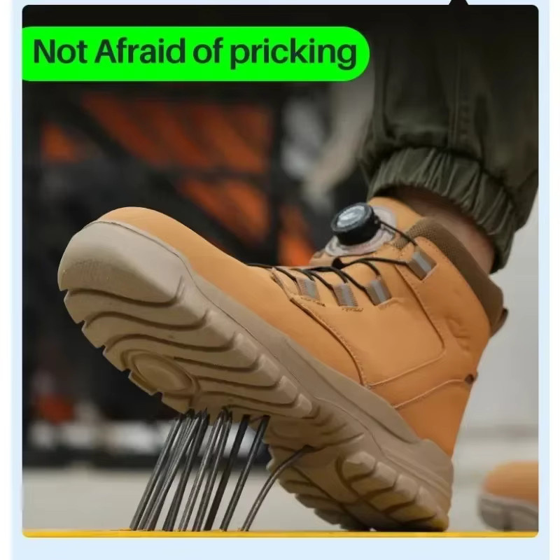 QHSPE Sicherheitsstiefel für Herren, wasserdichte und unzerstörbare Arbeitsschuhe mit Stahlkappe und stichfester Sohle, Beige/Braun - Bild 5