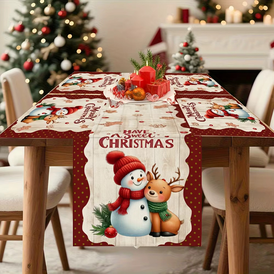 ZZN Weihnachts-Tischläufer und Tischsets aus Baumwolle mit Schneemann und Rentier Motiv in Rot und Weiß - Bild 2