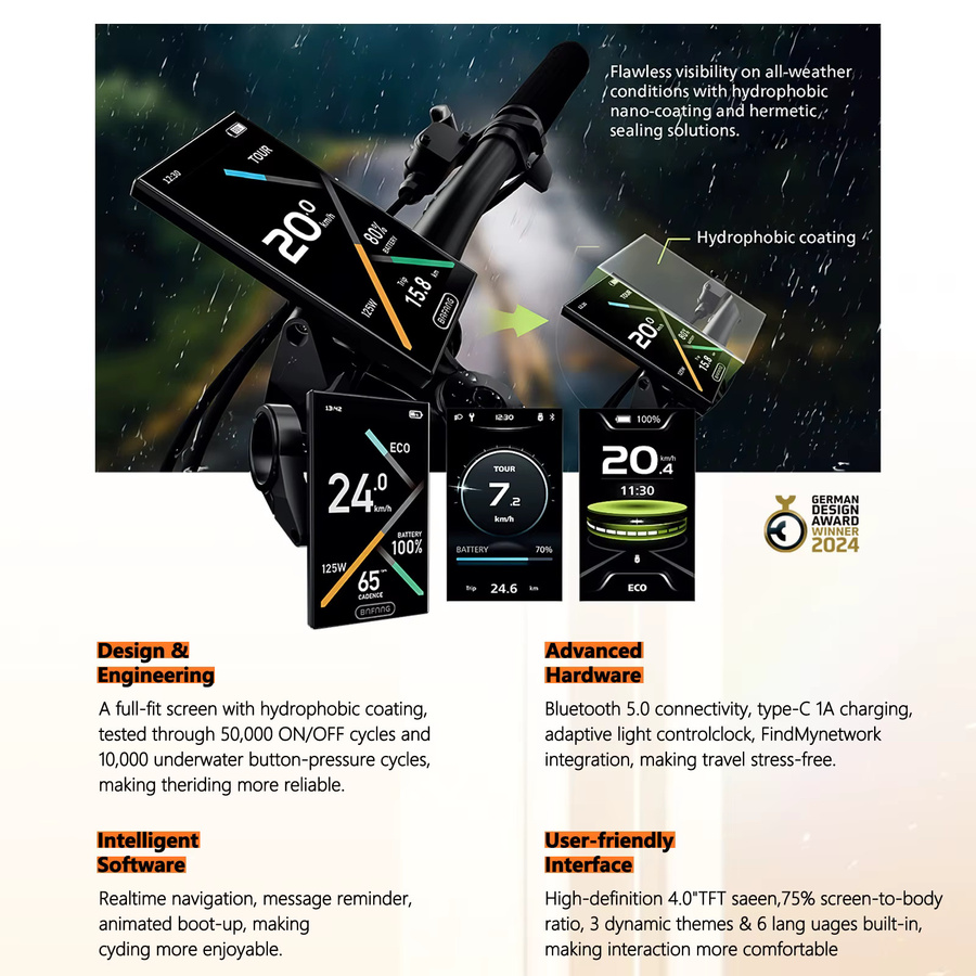 Bafang DPC010 E-Bike-Display mit 4-Zoll-TFT-Bildschirm, wasserdicht nach IP66 und automatischer Hintergrundbeleuchtung, Schwarz - Bild 4