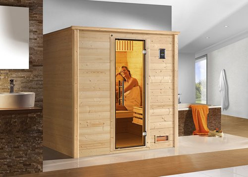 Weka Massivholzsauna Bergen 1 in Beige mit Glastür und 7,5 kW Sparset, B/H/T: 198 x 203,5 x 148 cm - Bild 2