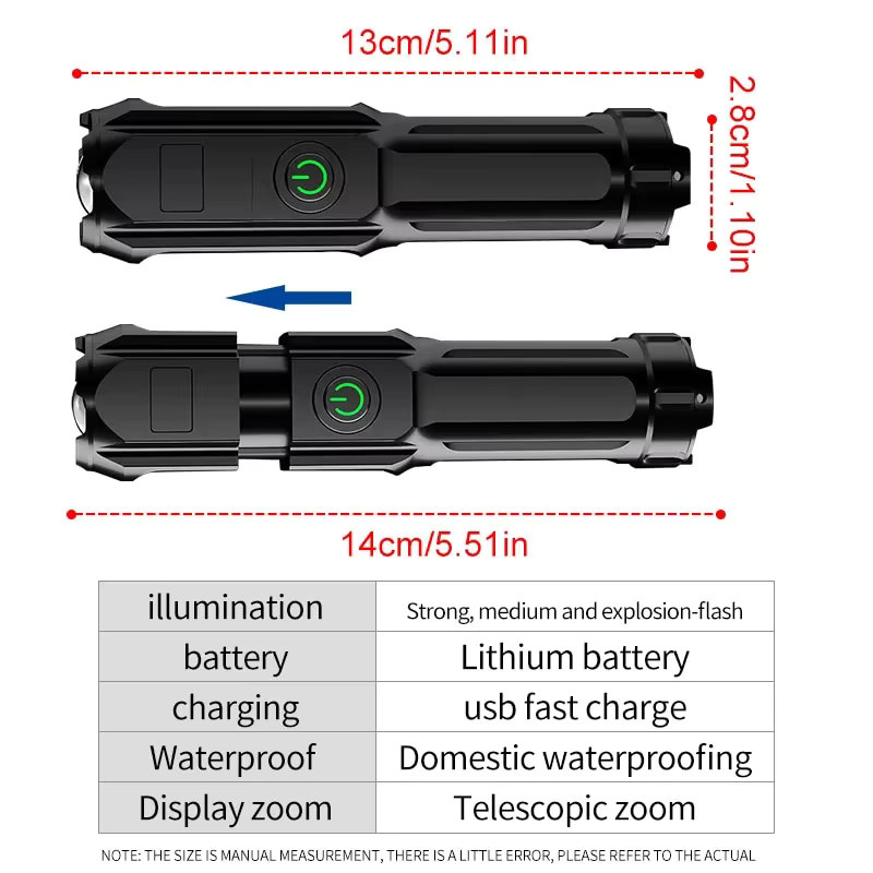 Wasserdichte LED Taschenlampe aus Aluminium mit USB-Ladefunktion und Teleskop-Zoom in Schwarz - Bild 3