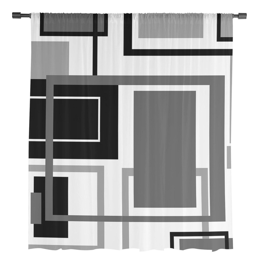Transparente Tüll-Voile-Vorhänge von Household supplies MH mit abstraktem geometrischem Quadrat-Design in Schwarz und Grau, Breite: 135 cm, Höhe: 115 cm - Bild 2