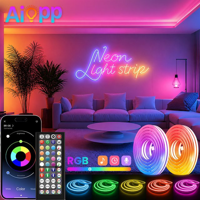 Aiopp RGB LED Neon-Lichtstreifen aus Silikon mit App-Steuerung, Fernbedienung und Musik-Synchronisation, wasserdichte Neon-Flex-Lampe in Multicolour für Innenräume und Garten-Dekoration - Bild 1