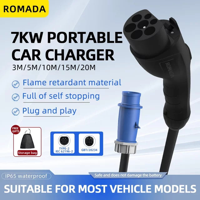 ROMADA Tragbares Elektrofahrzeug Ladegerät 7KW 32A mit CEE-Stecker und GB/T20234 Anschluss, Farbe: Schwarz - Bild 1
