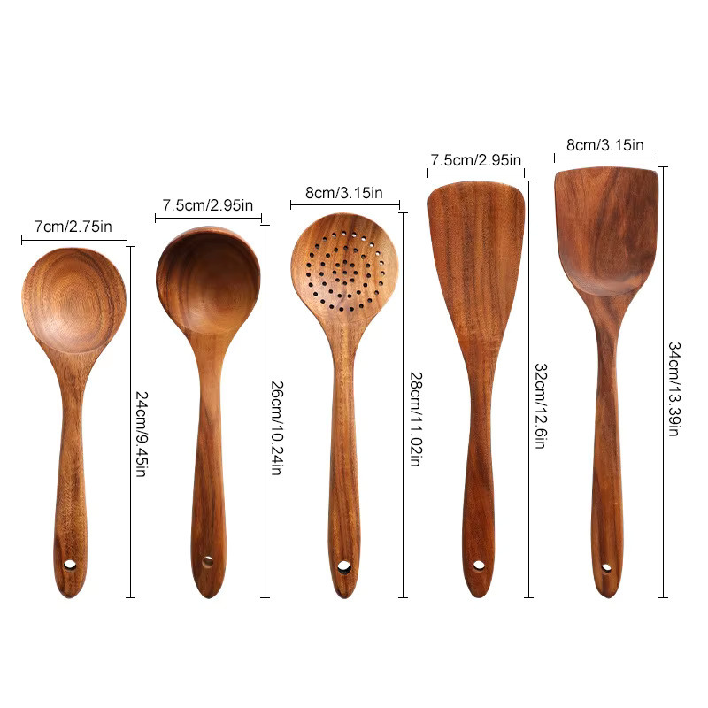 5-teiliges Küchenutensilien-Set aus Holz von DUTRIEUX in Braun, handgefertigte Pfannenwerkzeuge inklusive Spurtle und Suppenkellen, kratzfrei für antihaftbeschichtete Pfannen - Bild 5