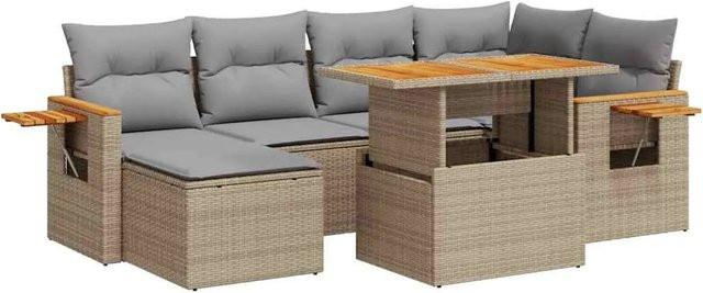 vidaXL 7-teilige Garten-Sofagarnitur in L-Form aus Poly-Rattan und Akazienholz mit Kissen in Beige-Grau - Bild 1