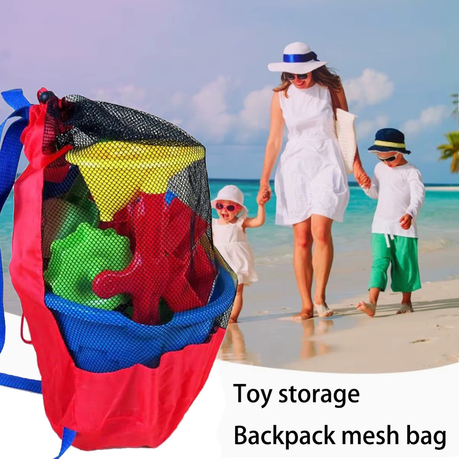 Clyine Sommer-Strandnetz Aufbewahrungstasche aus Mesh in Rot mit Kordelzug und doppeltem Schultergurt - Bild 3