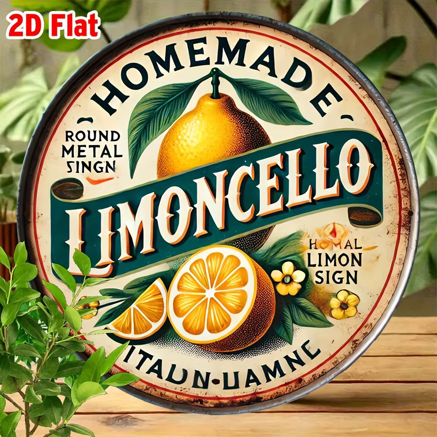 Potdemiel Rundes Metallschild Hausgemachtes Limoncello im Vintage-Stil mit Zitronen und Blumen, Durchmesser: 20,32 cm - Bild 2