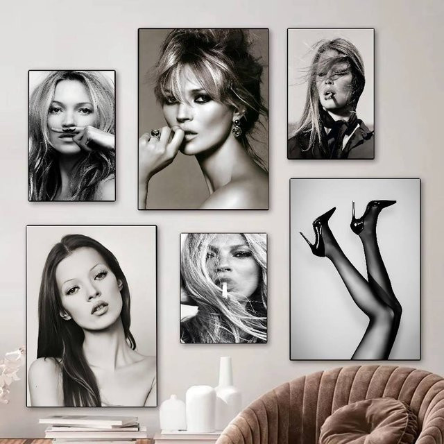 Vintage Poster Kate Moss Moderne Kunst Wanddekoration als Porträt-Fotografie auf weißem Kraftpapier - Bild 1
