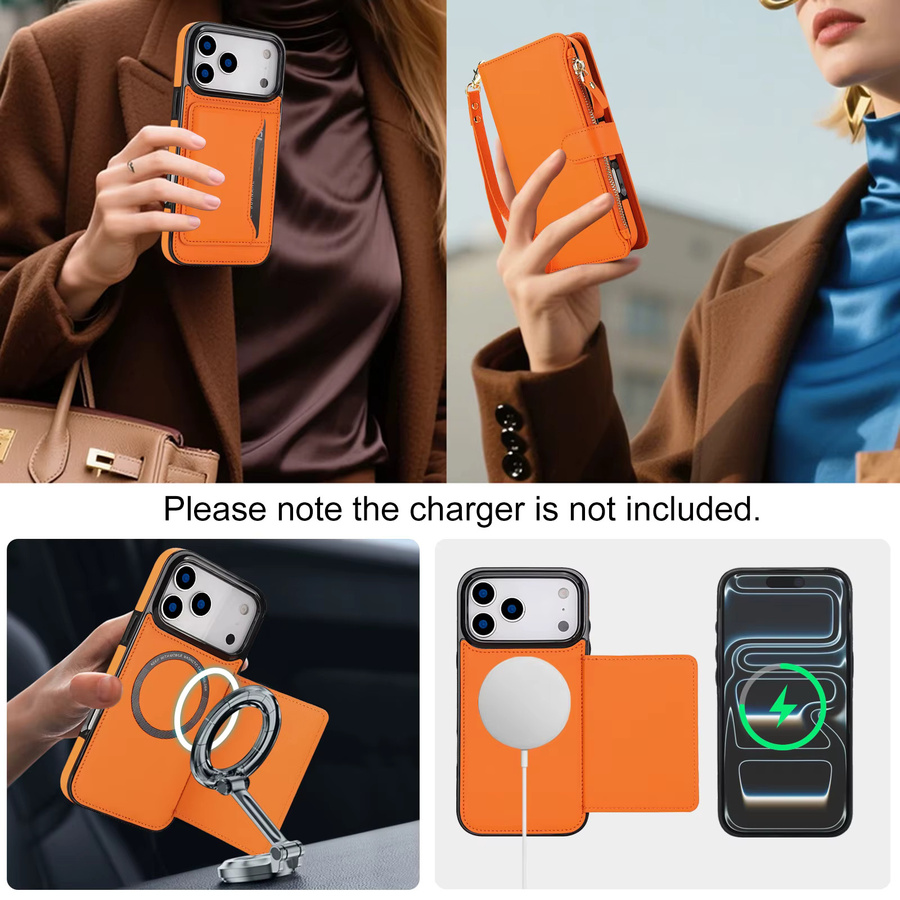 HQBBRO Crossbody Lederhülle für iPhone 11 bis 17 Pro Max mit Kartenfach und langer Umhängekordel, MagSafe-kompatibel, Weiß und Orange - Bild 6