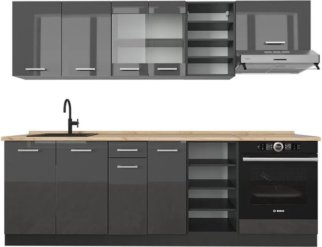 Vicco R-Line Küchenzeile Anthrazit Hochglanz und Eiche, Breite: 240 cm - Bild 1