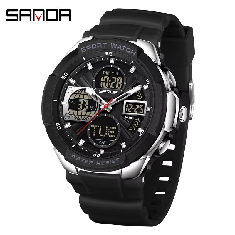 SANDA Armbanduhr, Analog-Digital, Quarz, Schwarz, Silikon, Herren - Bild 4