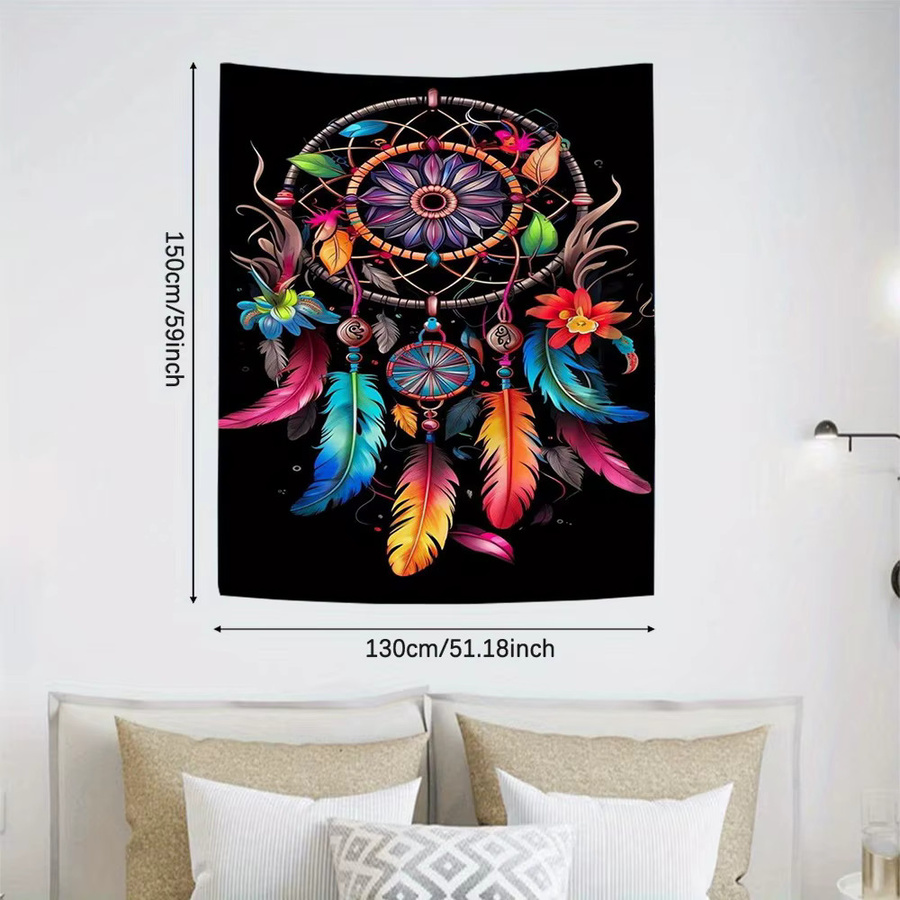 VIKAMA Vintage Traumfänger Wandteppich im Boho-Stil mit Blumen und Federn, Mehrfarbig, B/H: 60 x 40 cm - Bild 4