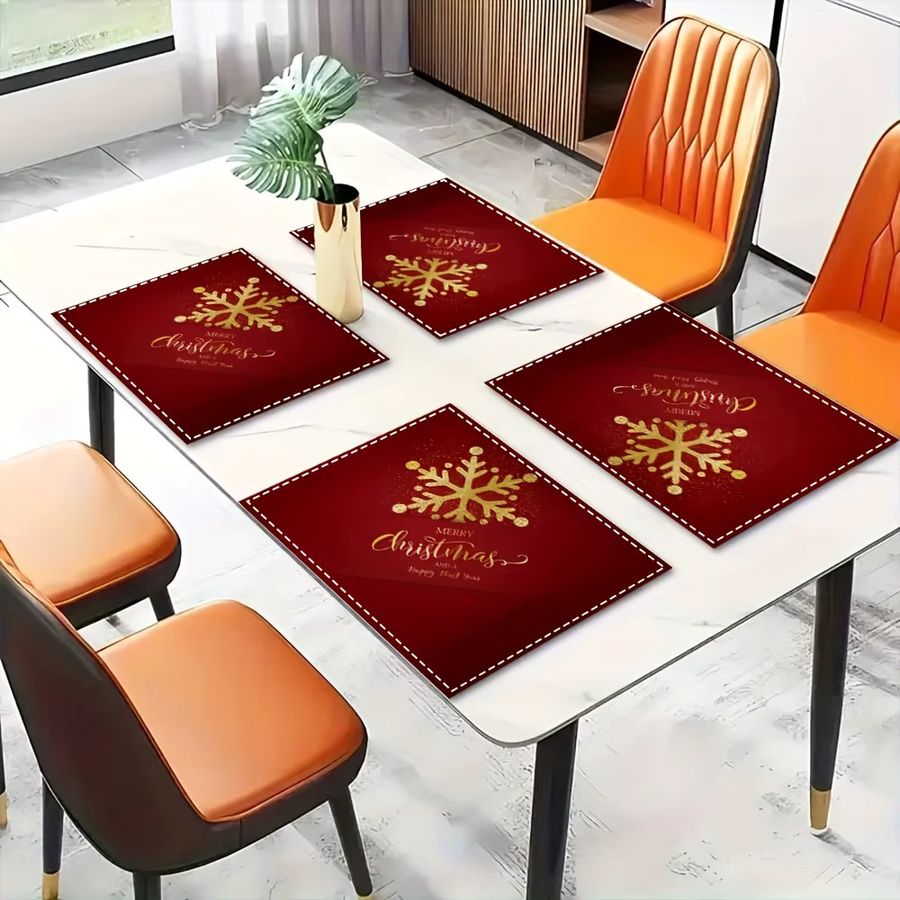 VIKAMA 4-teiliges weihnachtliches Tischset in Rot mit Schneeflockenmuster, wasserdicht und leicht zu reinigen - Bild 2