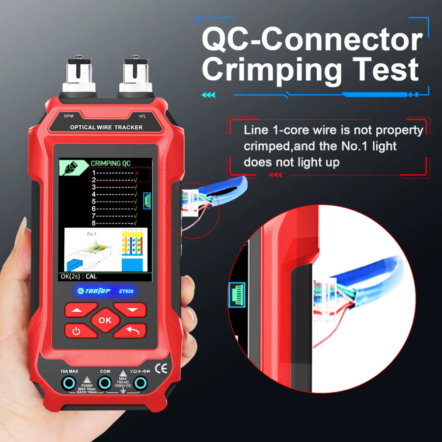 TOOLTOP 4-in-1 Netzwerkkabeltester in Rot mit optischem Leistungsmesser, Multimeter, VFL und PoE-Tester für Strukturverkabelung - Bild 3