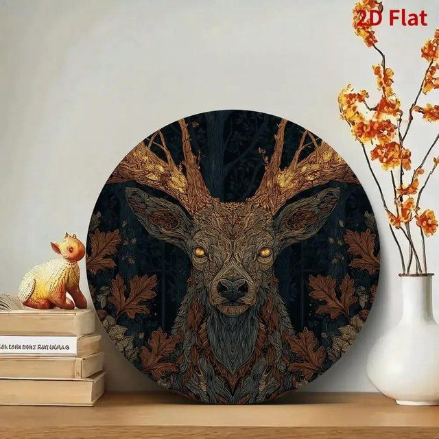 Handgefertigte Metall-Wandkunst von Potdemiel mit Hirsch-Motiv in Dunkelblau und Gold, rund, Durchmesser: 19,99 cm - Bild 1