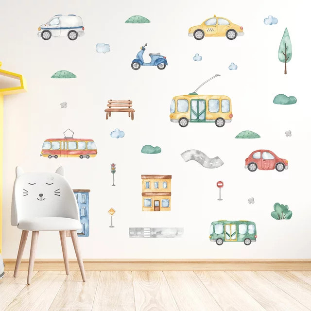 BRUP Wandaufkleber für Kinderzimmer mit Cartoon Motiven wie Baum, Bus und Auto in Mehrfarbig - Bild 1