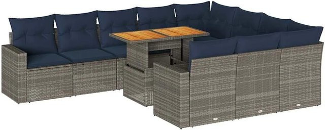 vidaXL 11-teilige Garten-Sofagarnitur aus Poly-Rattan in Grau mit Kissen und Akazienholz - Bild 1