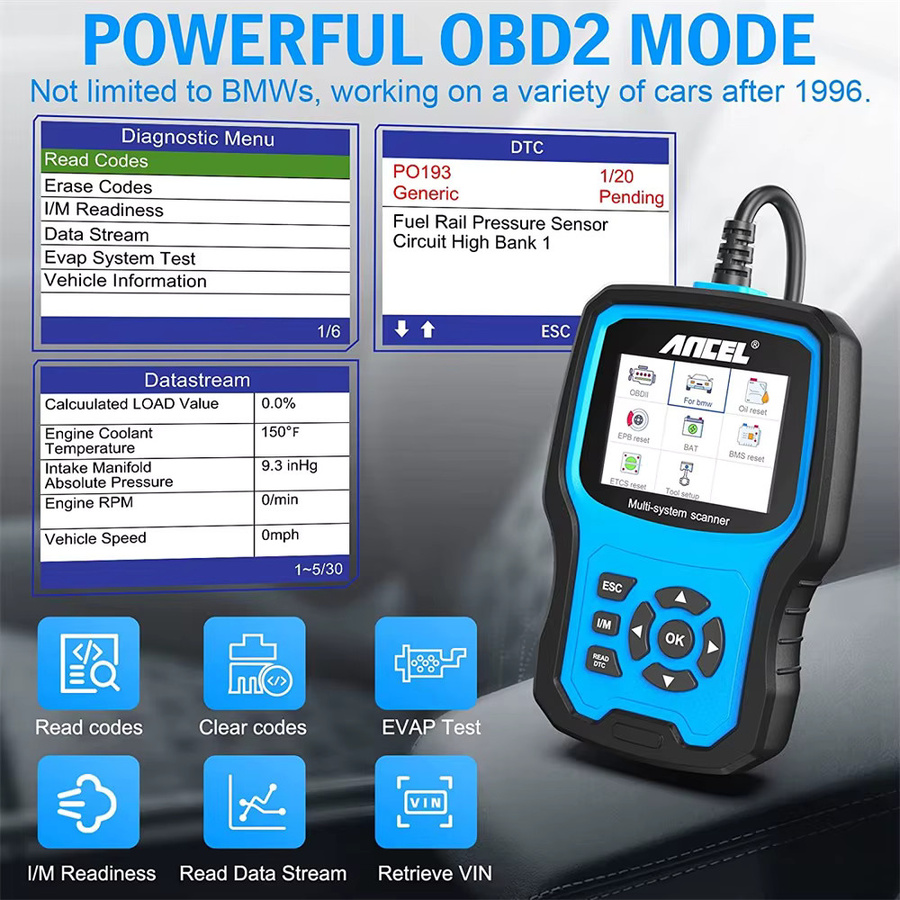 Ancel BM700 OBD2 Automotive Scanner für BMW und MINI mit EPB, SAS, Airbag, TPMS, Öl Reset, Injektor Codierung und Diagnosefunktionen in Blau - Bild 2