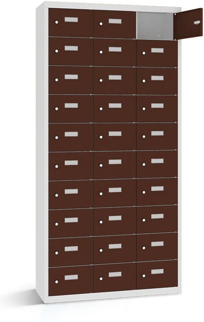rotstahl Wertfachschrank mit 30 Fächern, Farbe Mahagoni und lichtgrauem Korpus, B/T/H: 117,5 x 50 x 180 cm - Bild 1