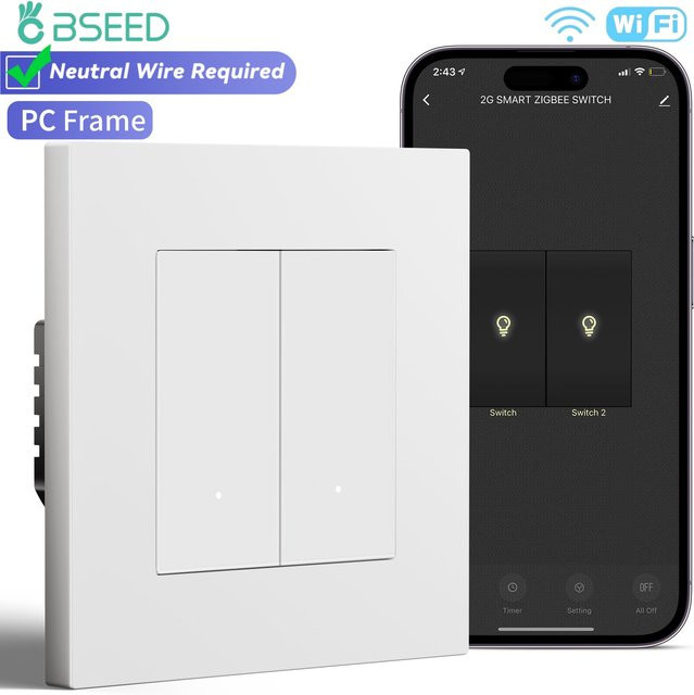 BSEED WIFI 2-Gang-Klickschalter smarter Wandschalter mit gelber Hintergrundbeleuchtung in Weiß kompatibel mit der Tuya-App - Bild 1