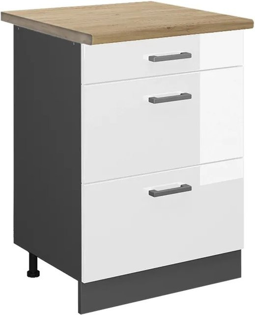 Vicco Küchenunterschrank R-Line Weiß Hochglanz Anthrazit mit Schubladen und Eiche Optik B: 60 cm, H: 81,6 cm, T: 60 cm - Bild 1