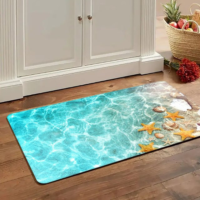 VIKAMA Ocean Wind Sea Star Dekorativer Teppich in Blau, Wasserabsorbierender Anti-Rutsch-Teppich mit Maritimem Design für Badezimmer und Küche - Bild 1