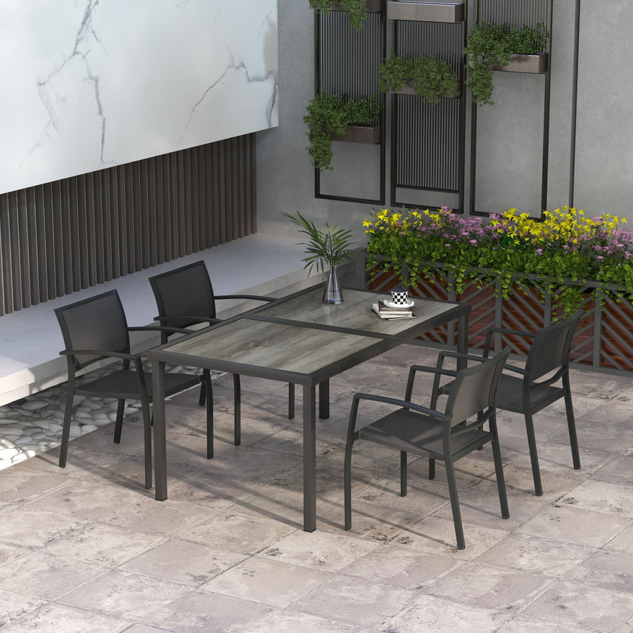 Outsunny 5-teilige Sitzgruppe Gartenmöbel Set mit Esstisch und 4 stapelbaren Stühlen in Dunkelgrau mit Holzimitat und Netzgewebe - Bild 2