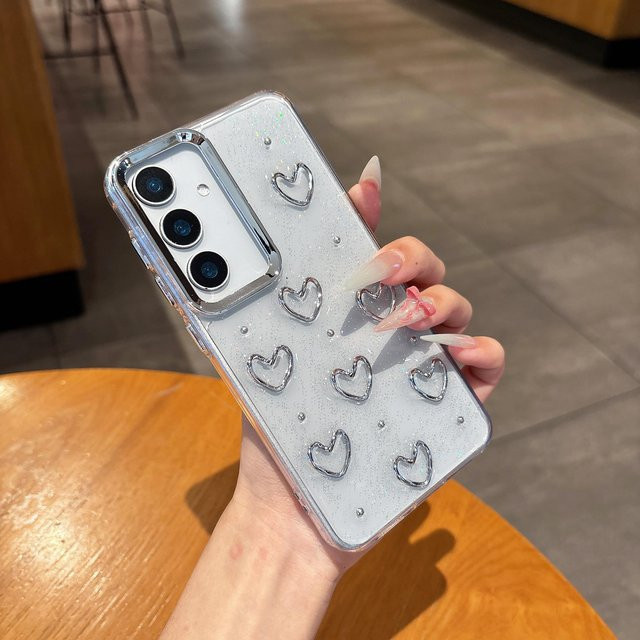 Transparente Glitzer 3D Silber Liebesherz Handyhülle für Samsung Galaxy S25 S24 S23 Ultra Plus FE A56 A36 A26 A16 A55 A35 mit Epoxid Bumper Abdeckung in Schwarz - Bild 1