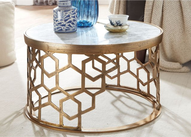 Couchtisch FineBuy aus echtem Marmor in Weiß und Gold, rund, Durchmesser: 60 cm, Höhe: 36 cm - Bild 1