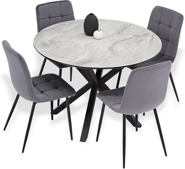 Homestyle4u Essgruppe mit rundem Esstisch und 4 Polsterstühlen in Samtoptik, Farbe Grau und Schwarz, Steinoptik, Industrial Look, Durchmesser: 110 cm, Höhe: 76,5 cm - Bild 1