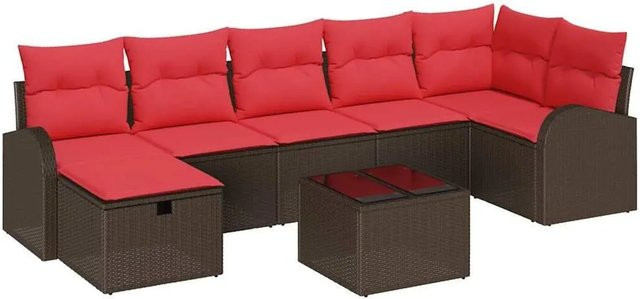 vidaXL L-Shape Sofa Set aus Poly-Rattan in Braun und Rot mit 8 Kissen und Tisch - Bild 1