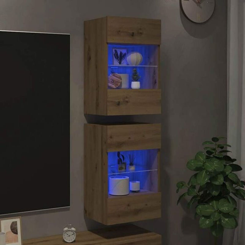 Vidaxl TV-Wandschränke mit LED-Leuchten im Set aus 2 Stück, Modernes Design in Eiche Natur und Braun mit Drehtüren und Glas - Bild 1