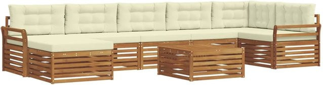 vidaXL Sofagarnitur 8-teilig aus Massivholz Akazie in Natur und Beige mit L-Form und Polsterkissen - Bild 1