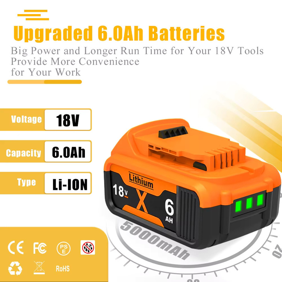 Dewalt Ersatzakku Lithium-Ionen-Batterie 18/20V 6000mAh in Orange für DCB200 DCB120 DCB181 DCB182 DCB201 DCB609 - Bild 3
