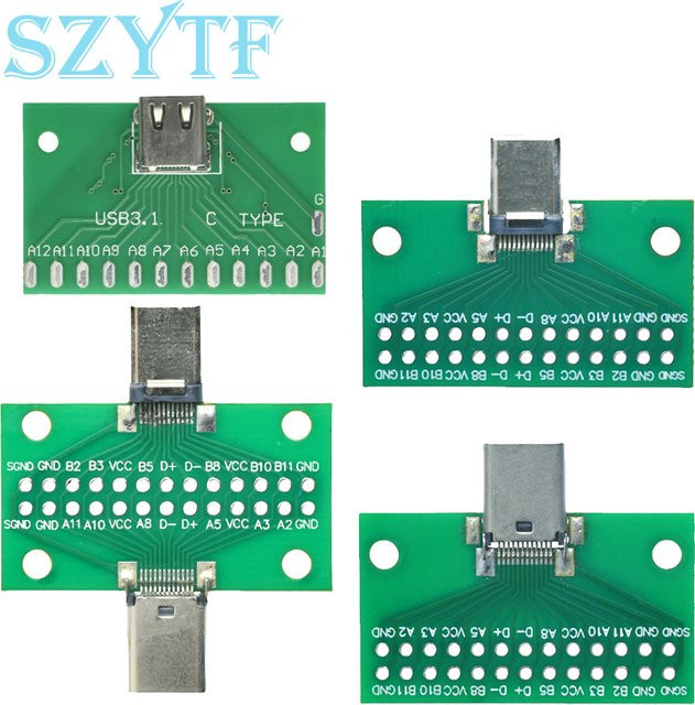 SZYTF USB 3.1 Typ-C auf Buchse Test PCB Board Adapter, 24P 2,54mm Stecker und Buchse für Datenleitung und Kabelübertragung, Grün - Bild 1