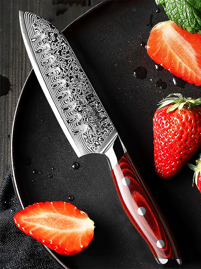 TAMZUO Santoku Messer aus handgeschmiedetem Damaststahl mit Holzgriff, 12,7 cm Allzweckmesser für Küche und Fleisch - Bild 6