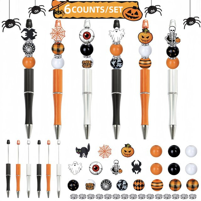 6er Set Halloween DIY Kugelschreiber mit Perlen in den Farben Schwarz, Orange und Multicolour mit Kürbis, Totenkopf, schwarzer Katze und Teufel Motiven - Bild 1