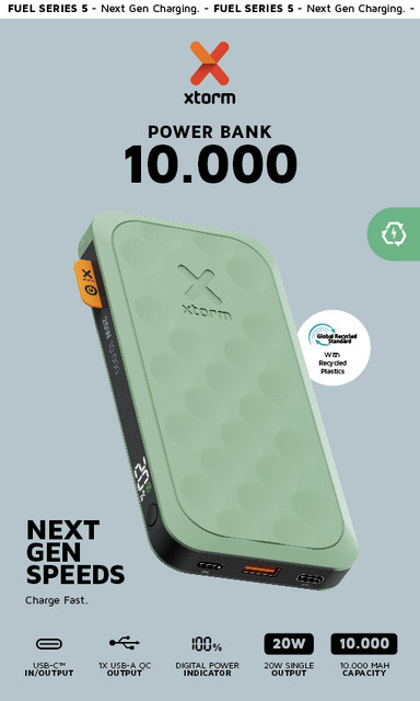 Xtorm Fuel Series Powerbank 10.000mAh mit 20W Schnellladefunktion in Grün mit USB-C und USB-A Anschlüssen - Bild 1