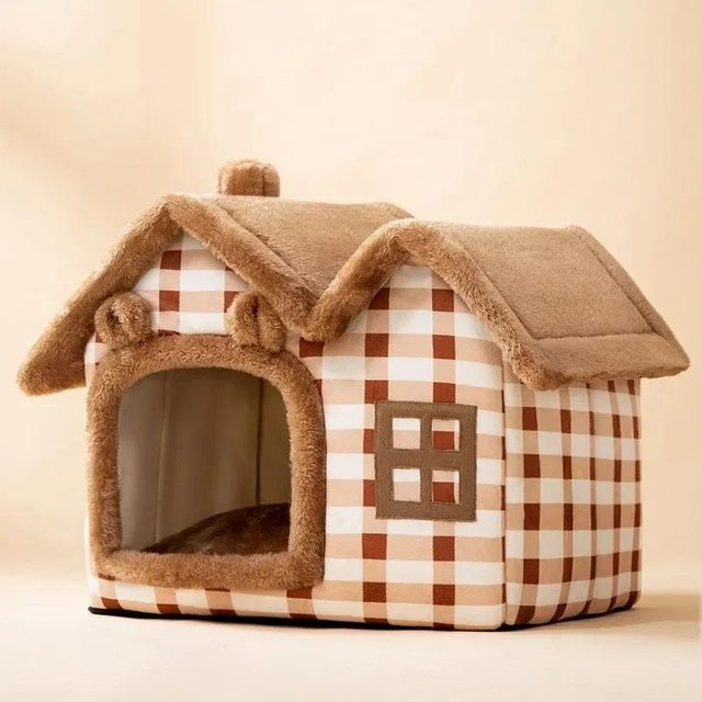 Faltbares Katzenhaus aus Plüsch in Braun als warmes Höhlenbett für kleine Hunde und Katzen in Größe S - Bild 1