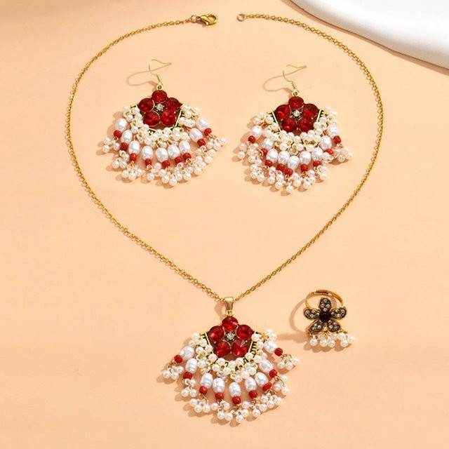 Schmuck-Set Halskette, Ohrringe, Ring, Kupfer, rot, Perle, Zirkonia, Damen - Bild 1