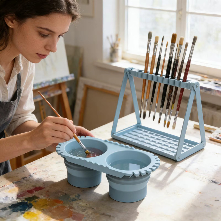 Faltbarer Aquarell-Pinselreiniger-Becher aus Kunststoff in Blau für Künstler und Maler - Bild 2