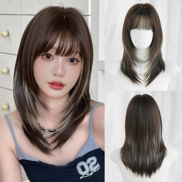 7JHH WIGS Perücke, schulterlang, glatt, mokkabraun, Damen, synthetisch - Bild 1