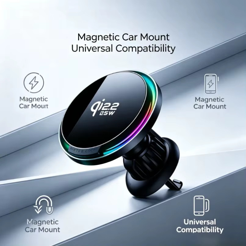 VIKEFON 25W Qi2.2 Magnetisches Kabelloses Autoladegerät mit RGB Lüftungsschlitz-Handyhalterung für MagSafe, iPhone und Android in Schwarz - Bild 2