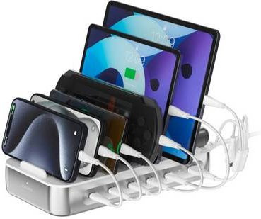 4Smarts Tischladestation 100W mit USB-A, USB-C, Lightning und Micro-USB in Weiß und Silber - Bild 1