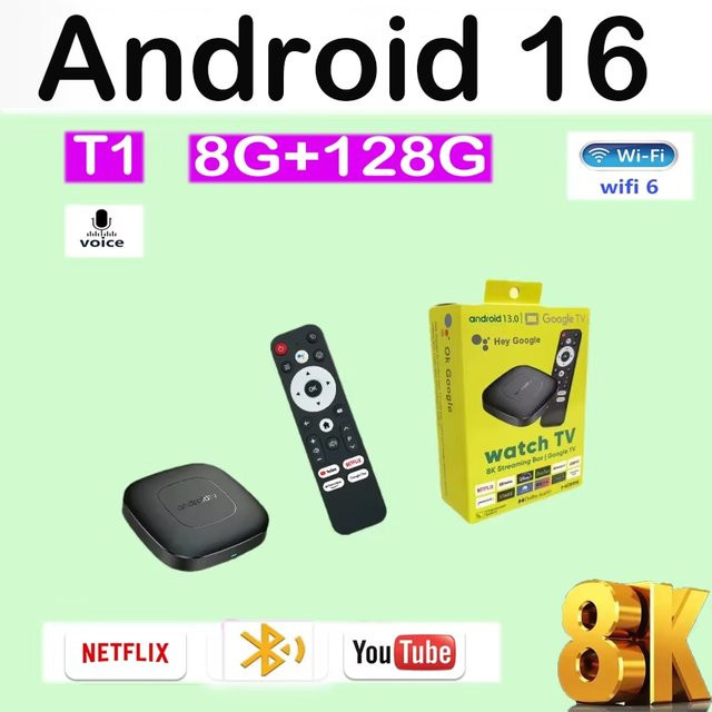 Android 16 T1 Smart TV Box mit Allwinner H313 Prozessor, 8GB RAM, 128GB ROM, Dual-Band WiFi und Bluetooth 5.4, Schwarz - Bild 1
